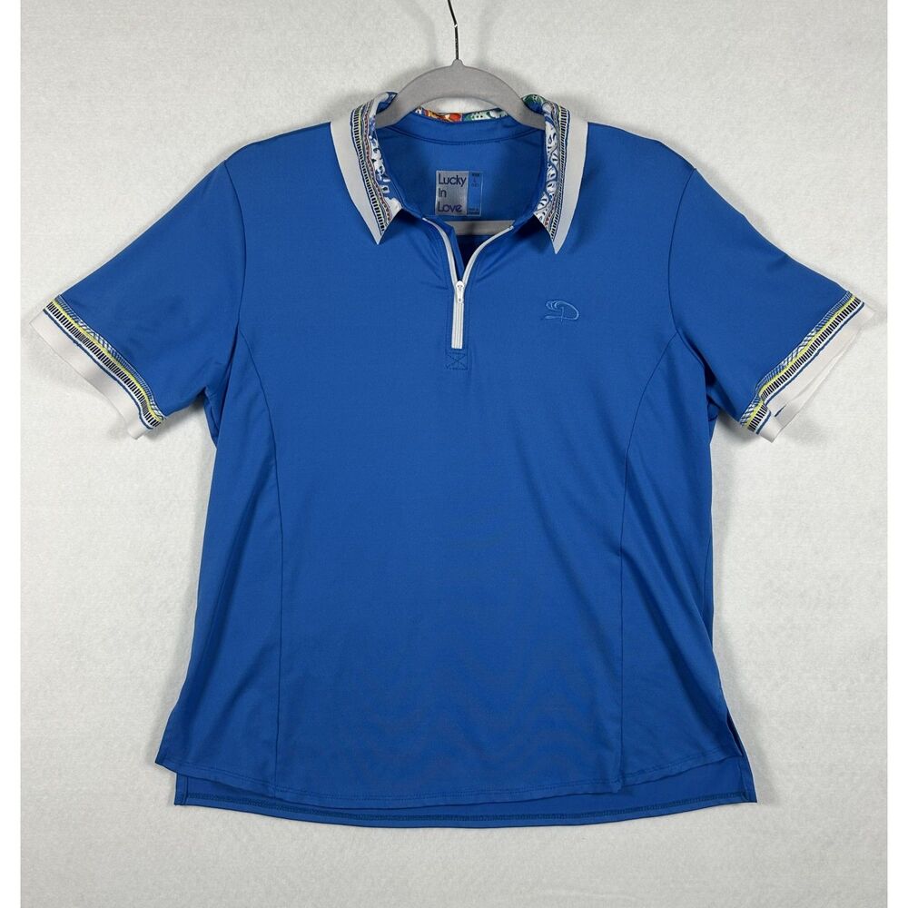 Lucky in Love "Playing in Paradise" Trimmed Short Sleeved Shirt, Size Large